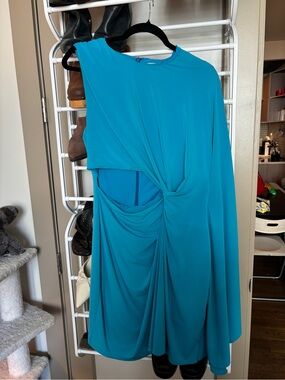 Halston Heritage Teal Asymmetric One-Shoulder Draped Dress